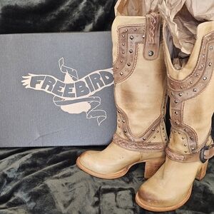 Freebird By Steven Cormac Beige Leather Boots with Stud Accents